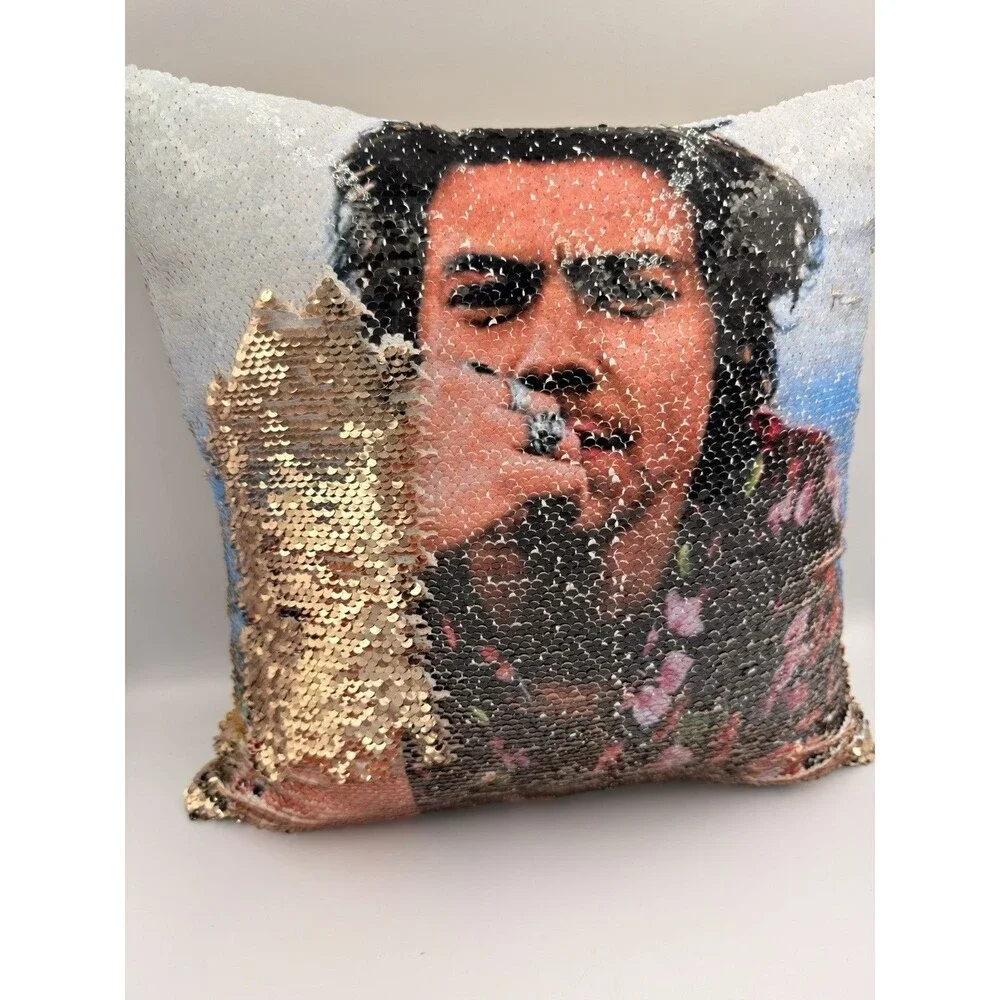 Harry Styles Flip Sequin Throw Pillow 14x14 Zippered Gold Accent Cushion